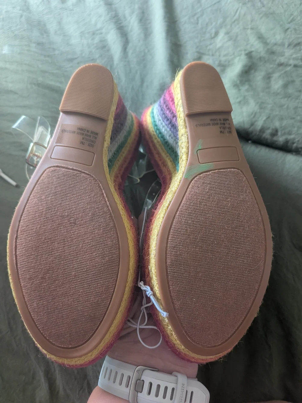 Juicy Couture RAINBOW Jute Wedge Sandals Clear Acrylic Rhinestones Size 7